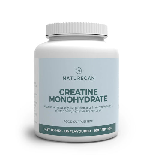 Supplement container labeled 'Creatine Monohydrate' by Naturecan on a white background