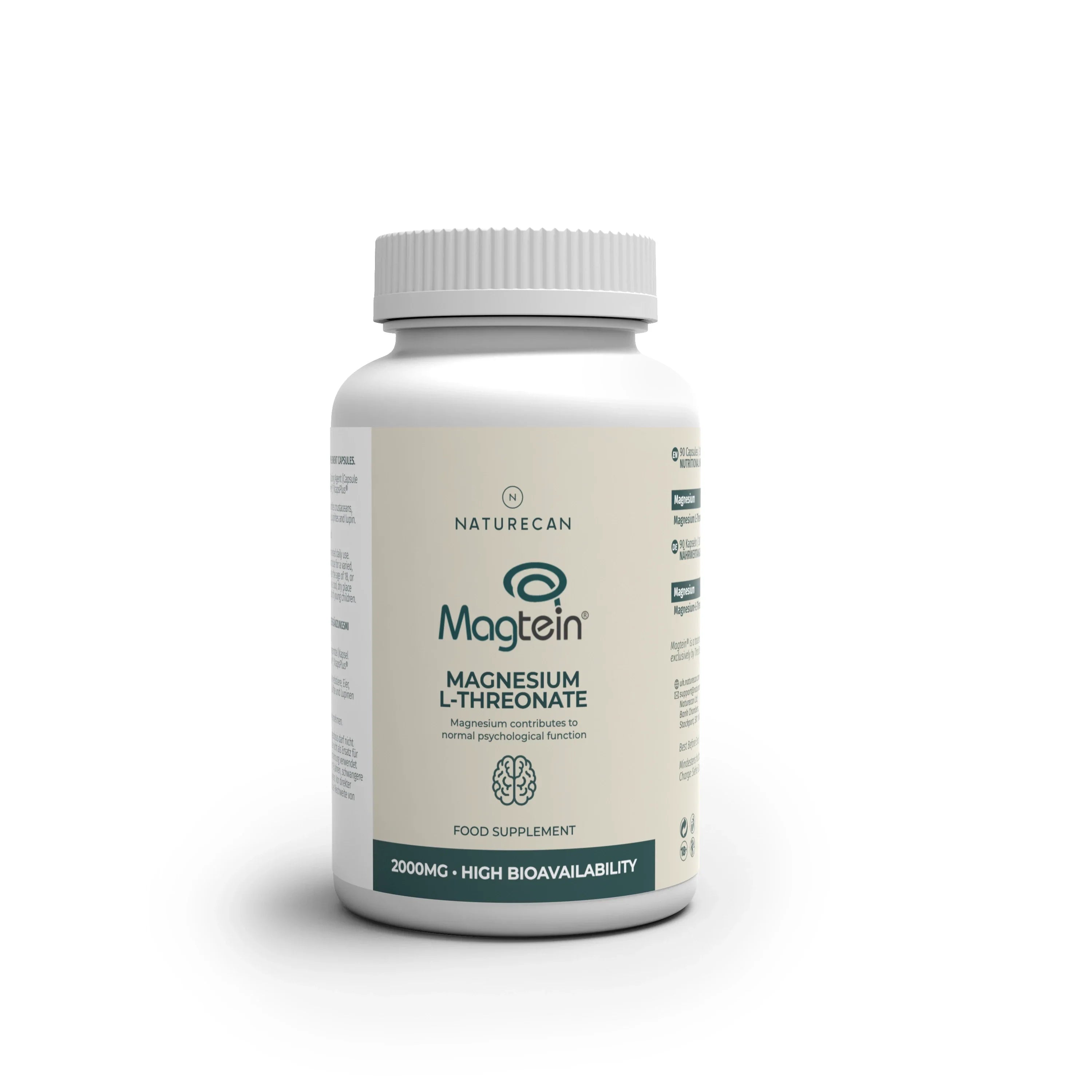 Supplement bottle labeled 'Magtein' on a white background