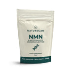 A 30g stand-up pouch of Naturecan NMN food supplement, featuring a cream-colored body with dark teal text and a dark teal band at the bottom, set against a plain white background.